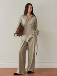 Dazy-Less 2pcs Women's Casual Business Commute Outfit,Asymmetric Hem Drawstring Tie Shirt Top And Straight Leg Pants Set,Khaki,Autumn,Chic,Everyday Lounge Sets - Apricot - View 4