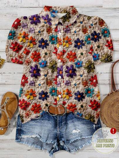 EMERY ROSE Plus Size Casual Holiday Floral Print Puff Sleeve Shirt Summer Women's Dress Easter Bohemian Renaissance Fair Wedding Guest Dress Women Mother's Day Simple Fashion Holiday,Holiday Outfits For Women Chic Blouses For Women