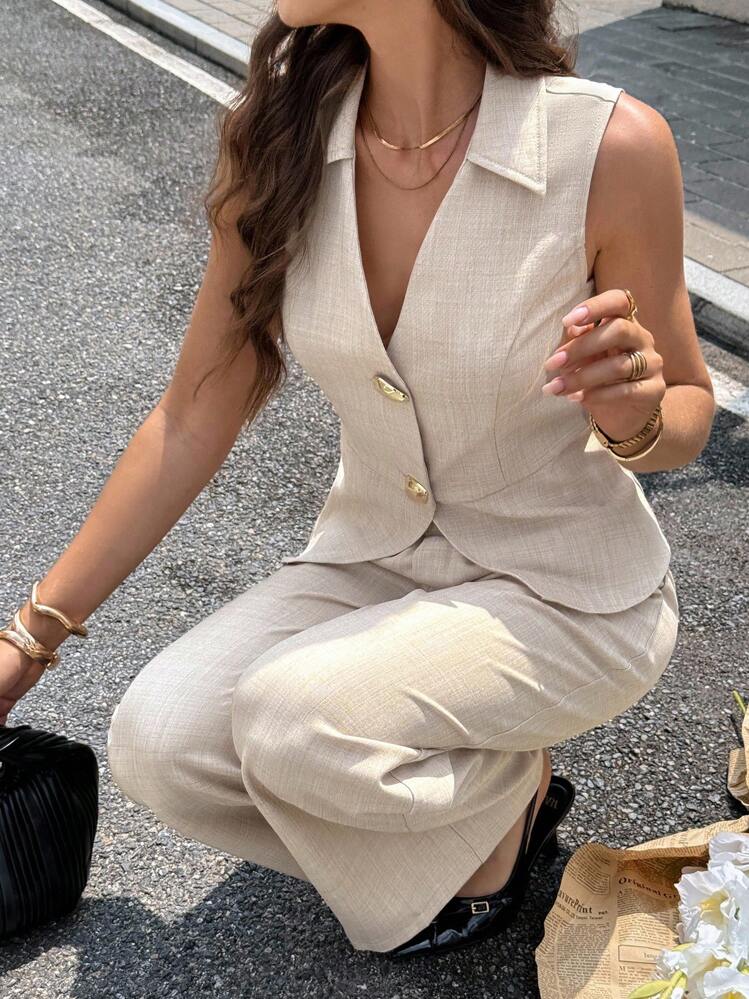 SHEIN Frenchy Women's Summer Casual Commuter Solid Color Vest & Pants 2 Pieces Set , Fall Women Clothes,Back To School,Country Concert Outfit , Business Casual Woman, Teacher Outfits For Women,Date Night Outfits Women ,Birthday Outfit ,Brunch Outfits For Women,Western Women Wear ,Business Casual Woman - Apricot - View 7