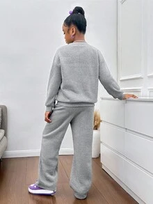 SHEIN Setelan 2 Potong Sweatshirt Bergambar Slayr untuk Remaja Perempuan, Pakaian Kasual Sehari-hari Serbaguna untuk Musim Gugur dan Musim Dingin - Grey - View 2