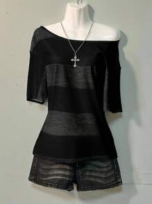 Attitoon Áo thun tay ngắn hở vai, dáng rộng, họa tiết sọc, dáng rộng, cỡ lớn dành cho nữ, màu đen/trắng/xám - Nhiều màu - Xem 5