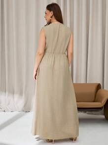 Auralis 大码夏季新款纯色深V领A字型无袖连衣裙，女士纽扣连衣裙，长款休闲连衣裙，度假连衣裙 - 杏色 - 查看 2