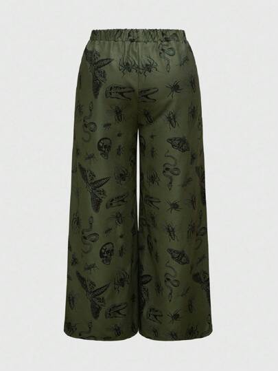 Goth Pantalones de talla grande con estampado todo sobre de polilla oscura, calavera, serpiente e insecto