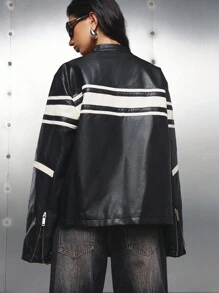 LYSMO 女式条纹 PU 皮革长袖拉链前口袋休闲夹克 - 黑色 - 查看 3
