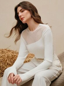 Anewsta 女式欧根纱拼布罗纹长袖修身毛衣 - 白色 - 查看 7