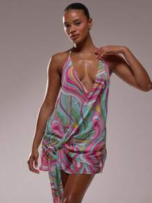 MUSERA Halterneck Plunge V Front Floral Print Drape Detail Loose Fit Mini Dress Spring Summer Birthday Vacation Elegant Cute Sexy Boho Ibiza Festival Wedding Guest Beach Holiday Party Summer Outfit Carvinal - Blue - View 5