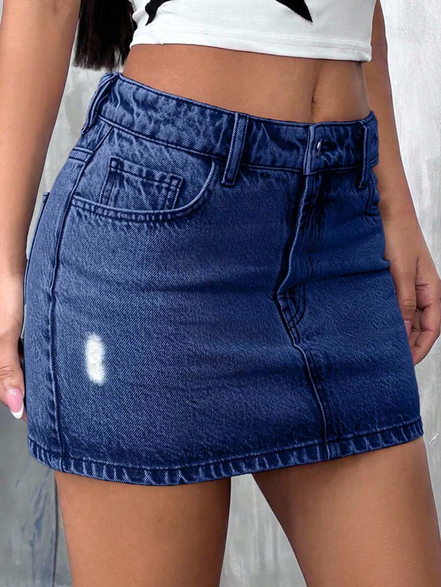 EURMUSE Low Waist Light Wash Mini Denim Skirt - Dark Wash - View 1