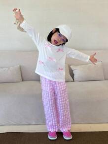 SHEIN Conjunto de camiseta de manga larga de cuello redondo simple y de moda con pantalones casuales y versátiles para niñas en otoño, adecuado para el ocio en casa, reuniones familiares o uso diario - Multicolor - Ver 3