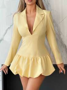 SHEIN ICON 女式奶油黄色泡泡下摆紧身连衣裙，性感时尚的秋季女装 - 淡黃色 - 查看 1