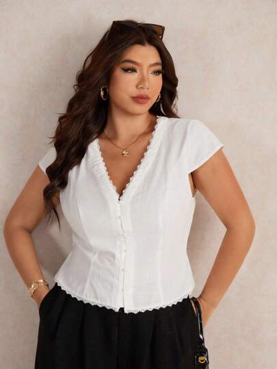 Elaquor 大码女式纯色撞色蕾丝单排扣袖口时尚衬衫