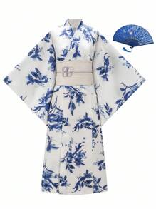 Irokai Elegant Vintage Japanese Floral Print Yukata - Blue - View 1