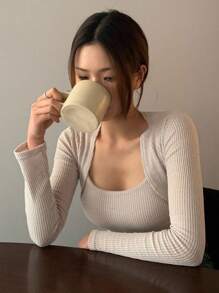 DAZY Women's Solid Color Long Sleeve Ribbed Camisole Top And Tank Top Set - Khaki - View 4