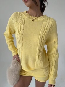 Aloruh Women's Twist Cable Pattern Drop Shoulder Long Sleeve Sweater And Knit Shorts Casual 2 Pieces Set In Fall/Winter - Yellow - View 2