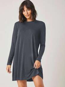 EURMUSE Women's Solid Color Round Neck Loose Casual Long-Sleeved Dress - Dark Grey - View 3