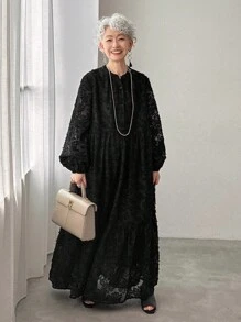 FRIFUL 女式黑色纯色纹理面料收腰褶皱宽松休闲连衣裙，百搭，秋冬长袖连衣裙