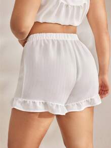 Ocili Soft Striped Crinkle Fabric Ruffle Trim Plus Size Shorts, Pajama Bottoms - White - View 3