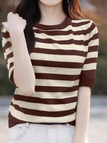 EMERY ROSE 女士撞色条纹半袖套头毛衣，美拉德针织风格，夏季棕色针织衫，适合大学穿着 - 棕色 - 查看 5
