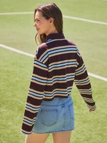 WESTFADE Striped Knit Long Sleeve Boxy Fit Cropped Polo Top Back To School Cute Fall Vacation Beach For Women Country Concert - Multicolor - View 5