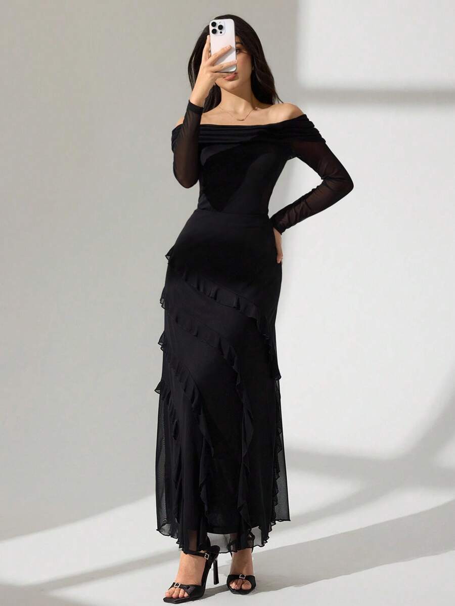 Modelyn Women's Elegant Bamboo Knot Cinching Waist Two Pieces Set, Fashionable Design For Spring, Summer, Autumn,Off Shoulder Lace Dress Long Sleeve Lace Dress Gold Lace Dress Luxury Lace Dress,Fashionable, Casual, And Sporty Women's Autumn Clothing. Autumn Skirts. Ultra-High Stretch Fabric Is Comfortable And Soft, Perfect For Women's Shirts. Back-To-Work And Back-To-School Pants. - Black - View 1