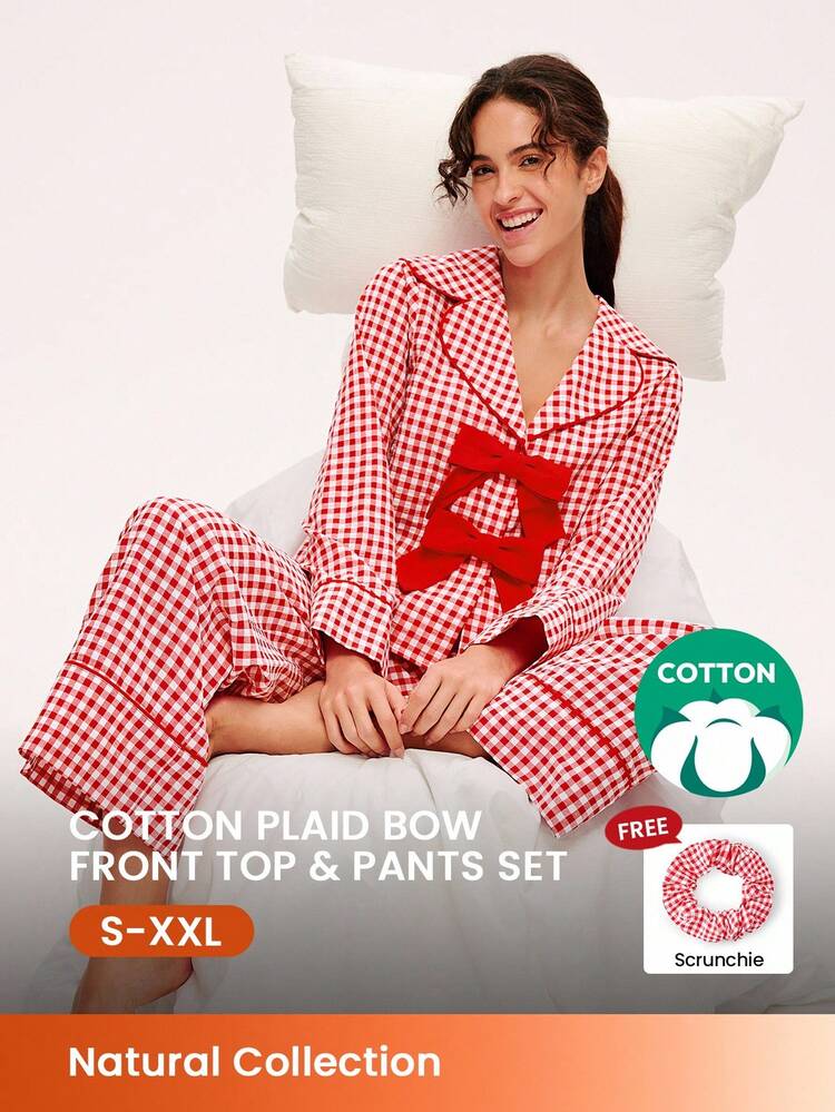 Women Red Bow Check Plaid Patterned Cotton Long Sleeve & Pants Pajama Set