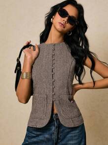 Poéselle Blusa informal a cuadros sin mangas para mujeres - Marrón - Ver 8