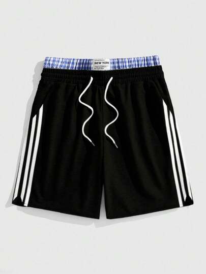 Street Life Pantalones cortos deportivos casuales para hombre con contraste de cuadros escoceses, cintura con cordón y rayas laterales