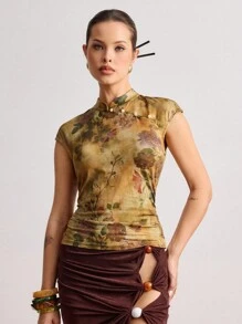 ROMWE Avant 复古花卉图案女式立领上衣 - 彩色 - 查看 8