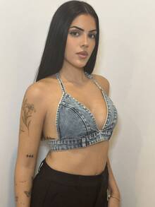 Lucia Bellido Tie Backless Crop Denim Top - Light Wash - View 1