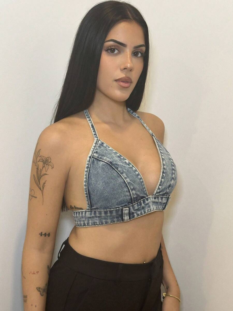 Lucia Bellido Tie Backless Crop Denim Top - Light Wash - View 1