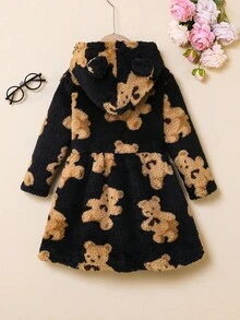 SHEIN Young Girl Winter Furry Bear Print Hooded Dress Girls Bear Dress Girls Teddy Bear Dress Girls Winter Dress Girls Fleece Dress Teddy Bear Fleece Dress Fall