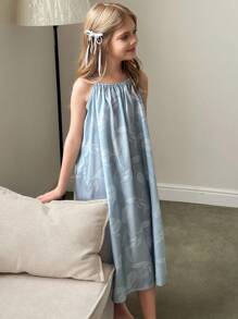 Hapijoa Tween Girl Comfortable Leaf Print Loose Camisole Nightgown, Summer - Blue - View 5