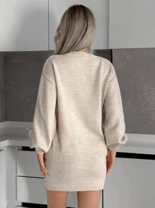 EURMUSE Lässiger Rundhals Ballonärmel Schulterabfall Oversize lockerer Schnitt Crop einfarbig schlichtes Muster Pullover & Mini gestrickter schlichter Muster Rock 2-teiliges Strickset für tägliche schicke Damen Winteroutfits - Beige - Übersicht 7
