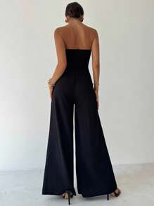 Firerie Women's Solid Color Off-The-Shoulder Metal Button Ruched Elegant Jumpsuit, Sexy Elegant Commuter Wide-Leg Pants, Spring/Summer Clothing, Commuting, Elegant, Sexy, Music Festivals, Romantic, Dating, Parties, Wedding Season, Graduation Outfit, Graduation Prom, Performance Costume, Concert, Work Attire - Black - View 2
