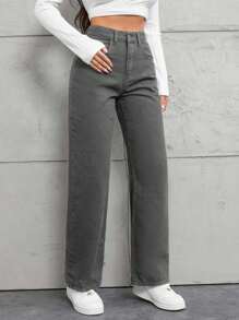 SHEIN Cottnline Women's High Waist Pockets Straight Loose Casual Versatile Jeans - Grey - View 3