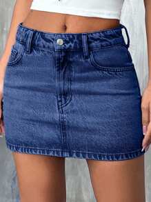 EURMUSE Low Waist Light Wash Mini Denim Skirt - Dark Wash - View 6