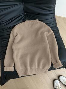 SHEIN EZwear Áo len chui đầu họa tiết mèo kaki thường ngày đa năng, cỡ lớn, thích hợp cho mùa thu/đông - Màu Khaki - Xem 2