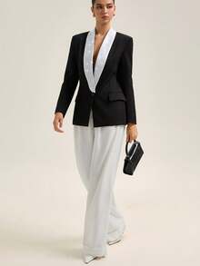 EMERY ROSE Bộ vest vải dạ hội tay dài cổ chữ V sâu thời trang, cài khuy đơn - màu đen - Xem 3