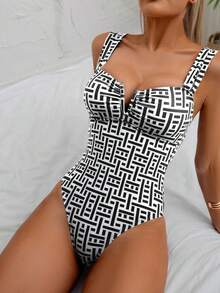 Swim Vcay Women's Geometric Print Ruched One-Piece Swimsuit, Vacation