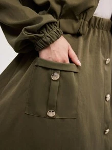 Veilorie 2pcs Set: Utility Pocket, Tapered Waist, Lapel Collar Commuting Casual Outfit 2 Pieces Set - Army Green - View 5
