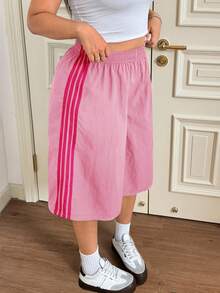 SHEIN EZwear 大码女式宽松休闲侧条纹百慕大短裤 - 粉色 - 查看 5