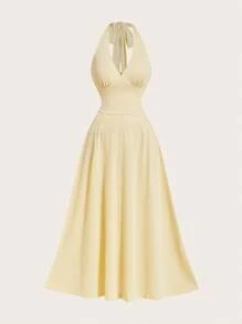 Sweetra Robe maxi ajustée à col ras-du-cou dos nu avec lien, col en V, coupe évasée, design minimaliste pour les voyages, la plage et le port quotidien, jaune clair, grande taille - Jaune citron - Voir 1