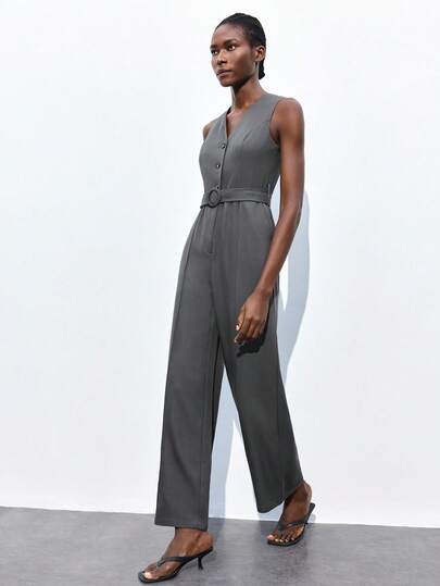 Maija 2026 Spring/Summer New Gray V-Neck Half-Zip Front Resin Button Sleeveless Adjustable Waist Belt Side Pockets Jumpsuit, Chic & Elegant For Party, Urban Commute
