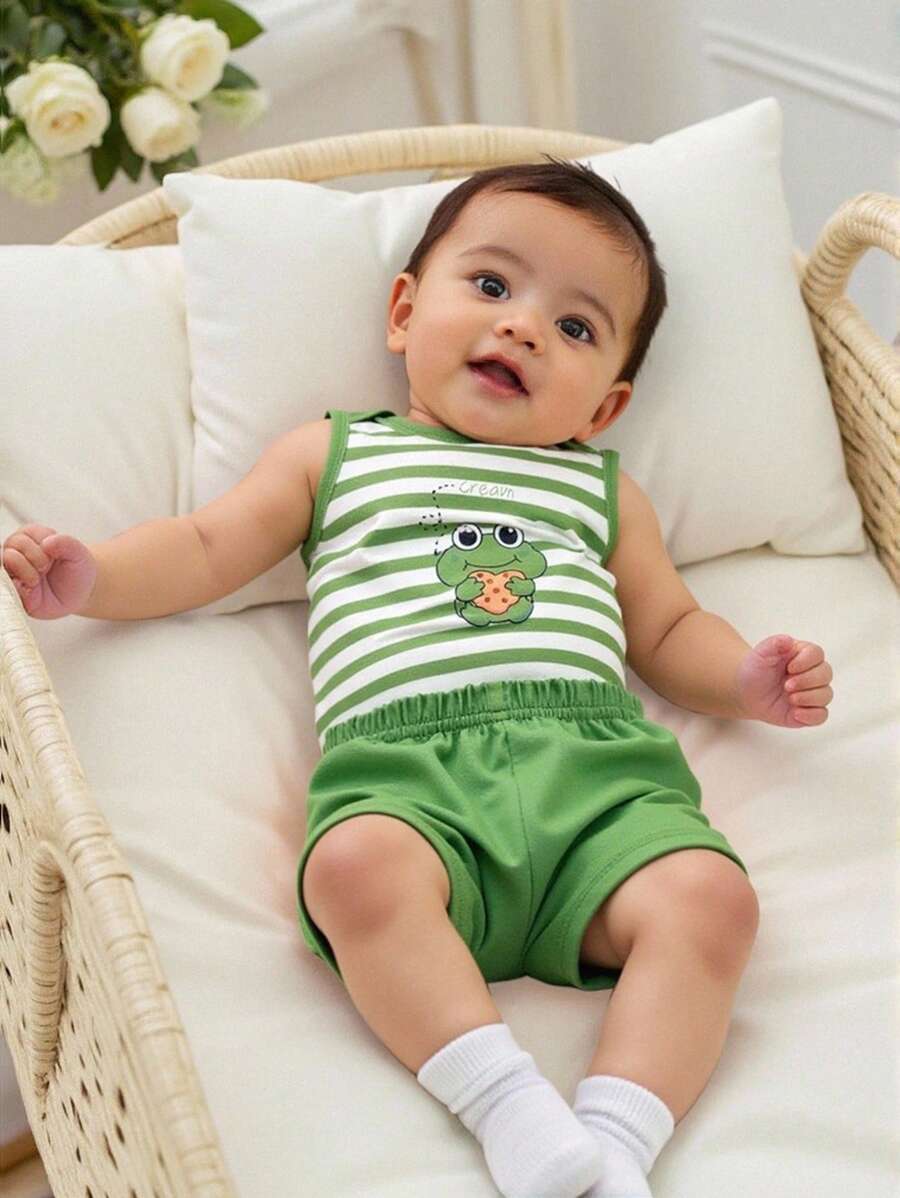 SHEIN 男婴可爱条纹两件套，春夏 - 軍綠色 - 查看 1