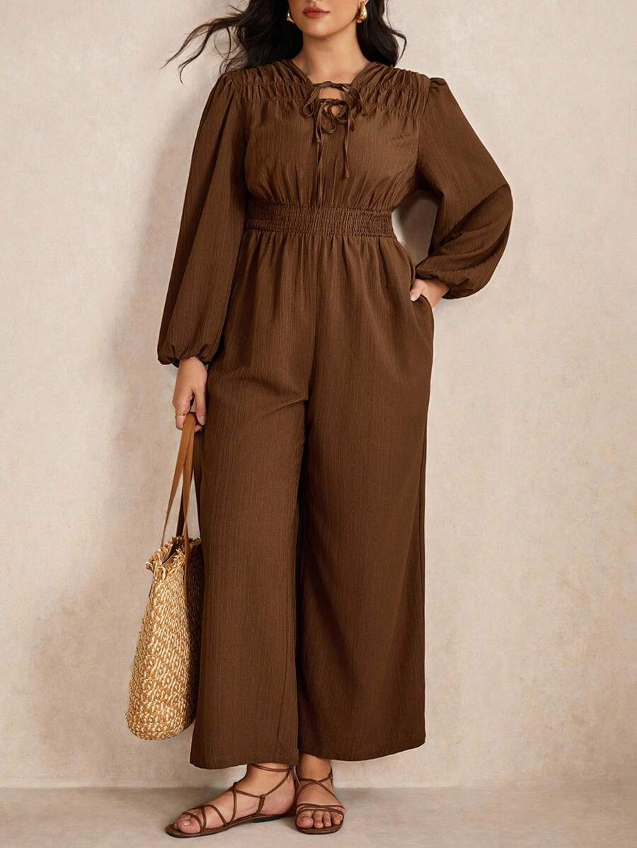 Elaquor 大码休闲纯色灯笼袖连体裤 - 咖啡棕 - 查看 1