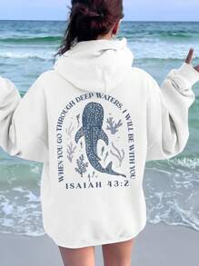 SHEIN EZwear Casual Whale & Ocean Animal Pattern Hooded Loose Fit Long Sleeve Sweatshirt For Women, Suitable For Fall/Winter - White - View 6