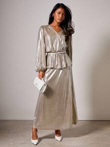 COSMINA Women's Elegant V-Neck Ruffle Sleeve Split 2 Pieces Set - Khaki - View 3