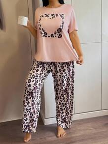 SHEIN Leopard Heart Casual Round Neck Short Sleeve Pajama Set, Plus Size, Outfits - Multicolor - View 6