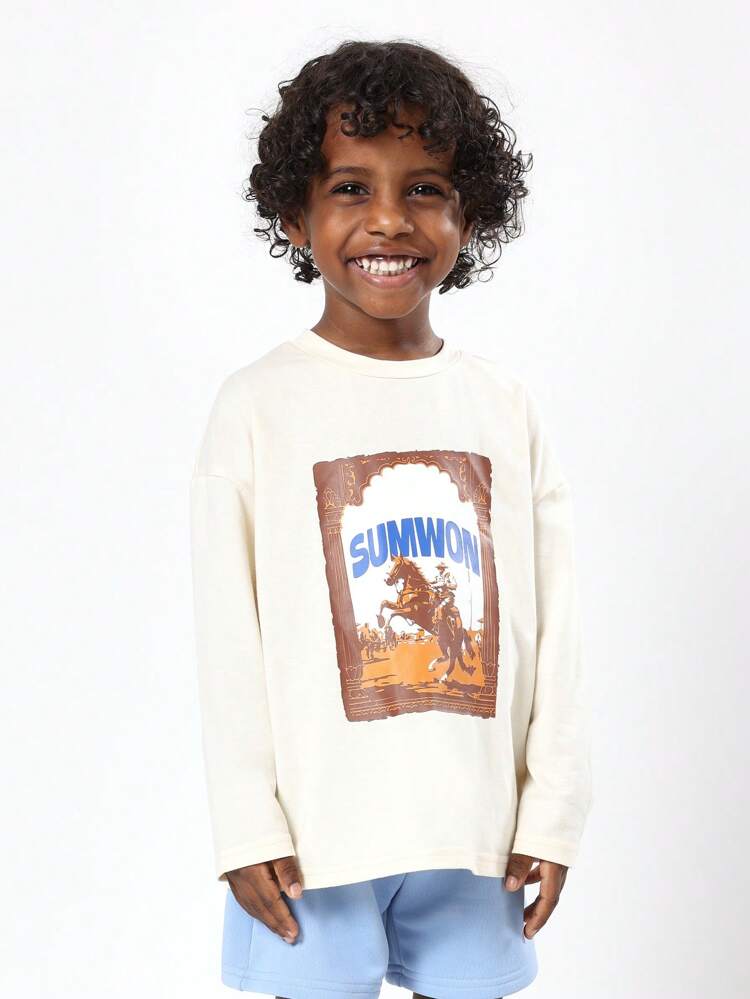 T-shirt a maniche lunghe in cotone con stampa grafica di cavalli