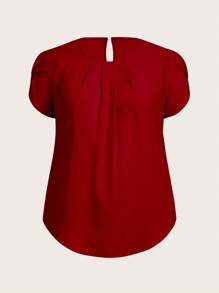 SHEIN LUNE Blusa casual de mujer talla grande con cuello redondo plisado, mangas con volantes y unicolor