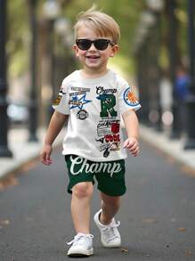 SHEIN 2pcs/Set Young Boy Casual Minimalist Short Sleeve T-Shirt And Shorts Set, Suitable For Summer